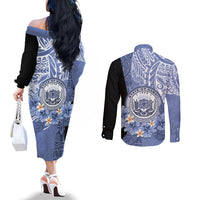 Aloha Vintage Hawaii Tribal Couples Matching Off The Shoulder Long Sleeve Dress and Long Sleeve Button Shirt Blue Style LT9 - Polynesian Pride