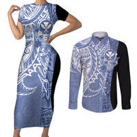 Aloha Vintage Hawaii Tribal Couples Matching Short Sleeve Bodycon Dress and Long Sleeve Button Shirt Blue Style LT9 Blue - Polynesian Pride