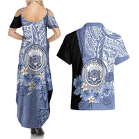 Aloha Vintage Hawaii Tribal Couples Matching Summer Maxi Dress and Hawaiian Shirt Blue Style LT9 - Polynesian Pride