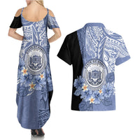 Aloha Vintage Hawaii Tribal Couples Matching Summer Maxi Dress and Hawaiian Shirt Blue Style LT9 - Polynesian Pride