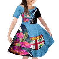 Bula Fiji Vintage Fijian Masi Pattern Family Matching Off Shoulder Long Sleeve Dress and Hawaiian Shirt Blue Unique LT9 Daughter's Dress Blue - Polynesian Pride