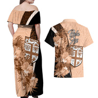 Bula Fiji Vintage Fijian Masi Pattern Couples Matching Off Shoulder Maxi Dress and Hawaiian Shirt Peach Fuzz Unique LT9 - Polynesian Pride