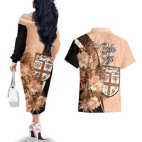 Bula Fiji Vintage Fijian Masi Pattern Couples Matching Off The Shoulder Long Sleeve Dress and Hawaiian Shirt Peach Fuzz Unique LT9 - Polynesian Pride