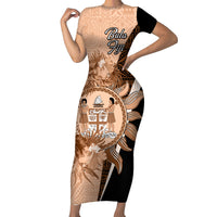Bula Fiji Vintage Fijian Masi Pattern Short Sleeve Bodycon Dress Peach Fuzz Unique LT9 Long Dress Peach Fuzz - Polynesian Pride