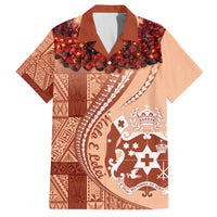Vintage Tonga Kahoa Heilala Flower Family Matching Off Shoulder Maxi Dress and Hawaiian Shirt LT9 Dad's Shirt - Short Sleeve Peach Fuzz - Polynesian Pride