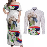 Philippines Eagle and Sampaguita Flowers Couples Matching Off Shoulder Maxi Dress and Long Sleeve Button Shirt Polynesian Pattern