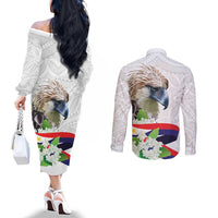 Philippines Eagle and Sampaguita Flowers Couples Matching Off The Shoulder Long Sleeve Dress and Long Sleeve Button Shirt Polynesian Pattern