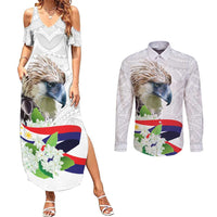 Philippines Eagle and Sampaguita Flowers Couples Matching Summer Maxi Dress and Long Sleeve Button Shirt Polynesian Pattern