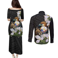 Philippines Eagle with Coat Of Arm Couples Matching Puletasi and Long Sleeve Button Shirt Simple Sampaguita Jasmine