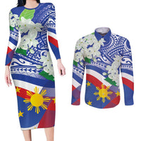 Philippines Flag Couples Matching Long Sleeve Bodycon Dress and Long Sleeve Button Shirt Sampaguita Jasmine with Polynesian Tribal