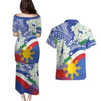 Philippines Flag Couples Matching Puletasi and Hawaiian Shirt Sampaguita Jasmine with Polynesian Tribal