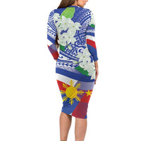 Philippines Flag Family Matching Long Sleeve Bodycon Dress and Hawaiian Shirt Sampaguita Jasmine with Polynesian Tribal