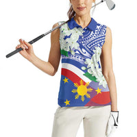 Philippines Flag Women Sleeveless Polo Shirt Sampaguita Jasmine with Polynesian Tribal