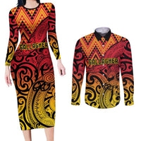 New Zealand Rangatira Custom Couples Matching Long Sleeve Bodycon Dress and Long Sleeve Button Shirt Red and Gold Niho Taniwha Maori Tribal