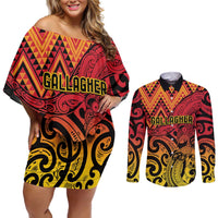 New Zealand Rangatira Custom Couples Matching Off Shoulder Short Dress and Long Sleeve Button Shirt Red and Gold Niho Taniwha Maori Tribal