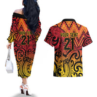 New Zealand Rangatira Custom Couples Matching Off The Shoulder Long Sleeve Dress and Hawaiian Shirt Red and Gold Niho Taniwha Maori Tribal