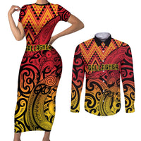 New Zealand Rangatira Custom Couples Matching Short Sleeve Bodycon Dress and Long Sleeve Button Shirt Red and Gold Niho Taniwha Maori Tribal