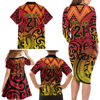New Zealand Rangatira Custom Family Matching Long Sleeve Bodycon Dress and Hawaiian Shirt Red and Gold Niho Taniwha Maori Tribal