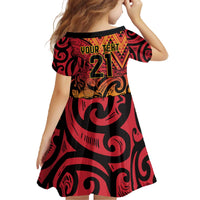 New Zealand Rangatira Custom Family Matching Off The Shoulder Long Sleeve Dress and Hawaiian Shirt Red and Gold Niho Taniwha Maori Tribal