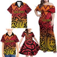 New Zealand Rangatira Custom Family Matching Off Shoulder Maxi Dress and Hawaiian Shirt Red and Gold Niho Taniwha Maori Tribal