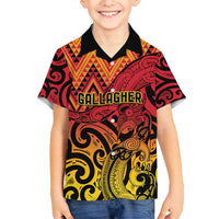 New Zealand Rangatira Custom Family Matching Off Shoulder Short Dress and Hawaiian Shirt Red and Gold Niho Taniwha Maori Tribal