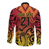 New Zealand Rangatira Custom Long Sleeve Button Shirt Red and Gold Niho Taniwha Maori Tribal