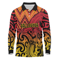 New Zealand Rangatira Custom Long Sleeve Polo Shirt Red and Gold Niho Taniwha Maori Tribal