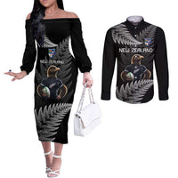 New Zealand Rugby Custom Couples Matching Off The Shoulder Long Sleeve Dress and Long Sleeve Button Shirt Glory Be To Black Silver-fern - Polynesian Pride