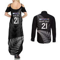 New Zealand Rugby Custom Couples Matching Summer Maxi Dress and Long Sleeve Button Shirt Glory Be To Black Silver-fern LT9 - Polynesian Pride