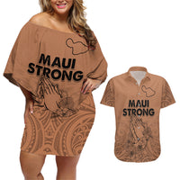 Hawaii Strong Maui Wildfire Couples Matching Off Shoulder Short Dress and Hawaiian Shirt No1 LT9 Gold - Polynesian Pride