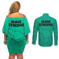 Hawaii Strong Maui Wildfire Couples Matching Off Shoulder Short Dress and Long Sleeve Button Shirts No2 LT9 - Polynesian Pride