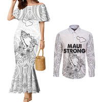 Hawaii Strong Maui Wildfire Couples Matching Mermaid Dress and Long Sleeve Button Shirts No4 LT9 White - Polynesian Pride