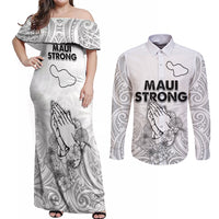 Hawaii Strong Maui Wildfire Couples Matching Off Shoulder Maxi Dress and Long Sleeve Button Shirts No4 LT9 White - Polynesian Pride