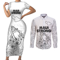 Hawaii Strong Maui Wildfire Couples Matching Short Sleeve Bodycon Dress and Long Sleeve Button Shirts No4 LT9 White - Polynesian Pride