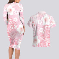 Japan Sakura Floral with Polynesian Vibe Couples Matching Long Sleeve Bodycon Dress and Hawaiian Shirt