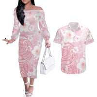 Japan Sakura Floral with Polynesian Vibe Couples Matching Off The Shoulder Long Sleeve Dress and Hawaiian Shirt
