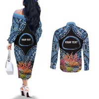 Personalised Nukuoro Micronesia Atoll Couples Matching Off The Shoulder Long Sleeve Dress and Long Sleeve Button Shirt with Pacific Coral Reef LT9 - Polynesian Pride