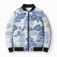 Vintage Hawaii Bomber Puffer Jacket Hibiscus Tapa Tribal With Hawaiian Quilt Pattern Blue - Polynesian Pride