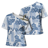Vintage Hawaii Cross Shoulder Shirt Hibiscus Tapa Tribal With Hawaiian Quilt Pattern Blue - Polynesian Pride