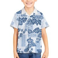 Vintage Hawaii Family Matching Puletasi Dress and Hawaiian Shirt Hibiscus Tapa Tribal With Hawaiian Quilt Pattern Blue LT9 Son's Shirt Blue - Polynesian Pride