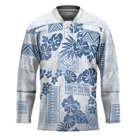 Vintage Hawaii Hockey Jersey Hibiscus Tapa Tribal With Hawaiian Quilt Pattern Blue - Polynesian Pride