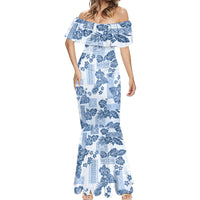 Vintage Hawaii Mermaid Dress Hibiscus Tapa Tribal With Hawaiian Quilt Pattern Blue LT9 - Polynesian Pride