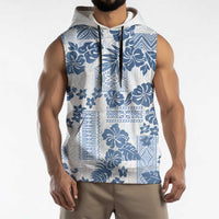 Vintage Hawaii Sleeveless Hoodie Hibiscus Tapa Tribal With Hawaiian Quilt Pattern Blue - Polynesian Pride