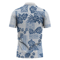Vintage Hawaii Zipper Polo Shirt Hibiscus Tapa Tribal With Hawaiian Quilt Pattern Blue - Polynesian Pride