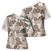 Vintage Hawaii Cross Shoulder Shirt Hibiscus Tapa Tribal With Hawaiian Quilt Pattern Gold - Polynesian Pride