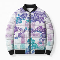 Vintage Hawaii Bomber Puffer Jacket Hibiscus Tapa Tribal With Hawaiian Quilt Pattern Purple - Polynesian Pride
