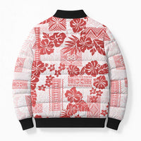 Vintage Hawaii Bomber Puffer Jacket Hibiscus Tapa Tribal With Hawaiian Quilt Pattern Red - Polynesian Pride