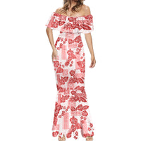 Vintage Hawaii Mermaid Dress Hibiscus Tapa Tribal With Hawaiian Quilt Pattern Red LT9 - Polynesian Pride