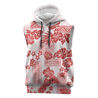 Vintage Hawaii Sleeveless Hoodie Hibiscus Tapa Tribal With Hawaiian Quilt Pattern Red - Polynesian Pride