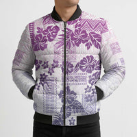 Vintage Hawaii Bomber Puffer Jacket Hibiscus Tapa Tribal With Hawaiian Quilt Pattern Violet - Polynesian Pride